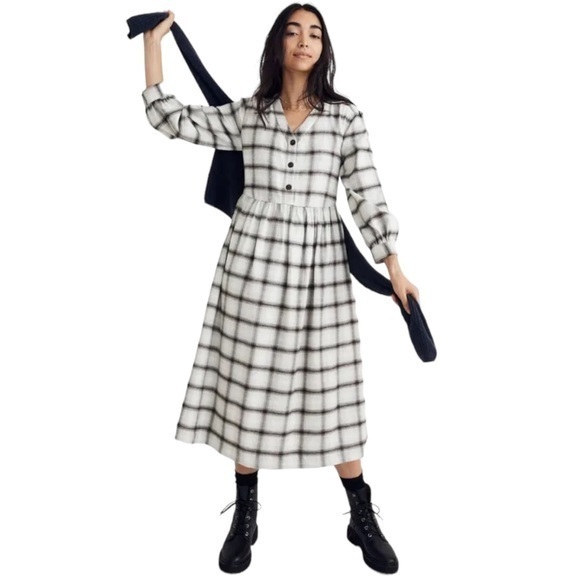 Madewell Dresses & Skirts - Madewell Cotton Button Up Flannel Plaid Midi Dress in Blue Multicolor